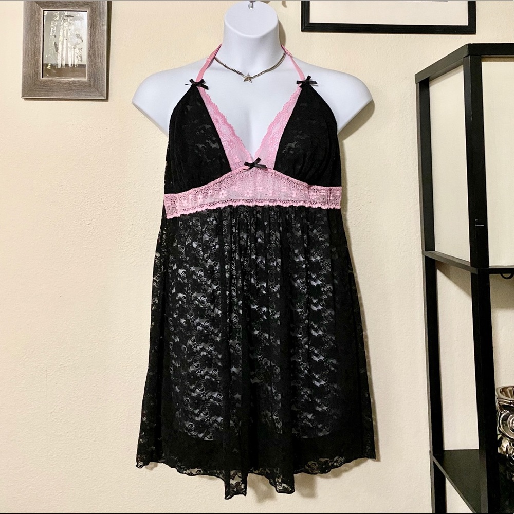 Torrid Black and Pink Lace Racerback Babydoll